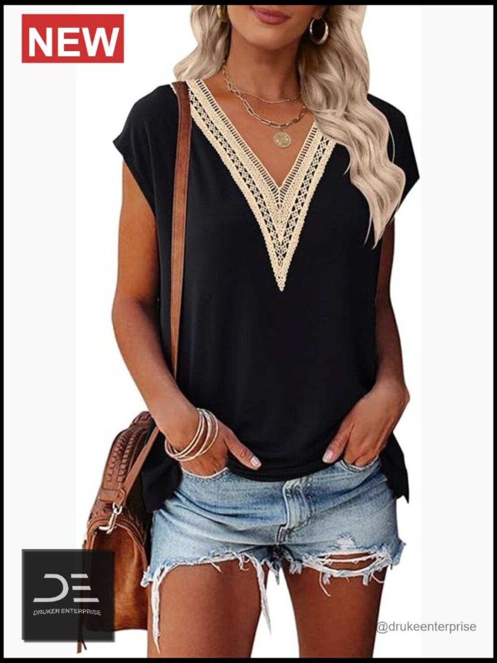 Boho Cap Sleeve Lace Trim V Neck Loose Summer Blouse